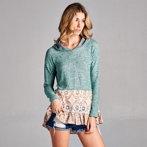 NWOT Boutique Hooded Ruffle Hem Mint Marled Knit Tunic Mini Dress - Picture 3 of 16